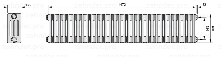 Схема (чертеж) Радиатор Zehnder Charleston 4040/32 №7610 Белый глянцевый RAL 9016